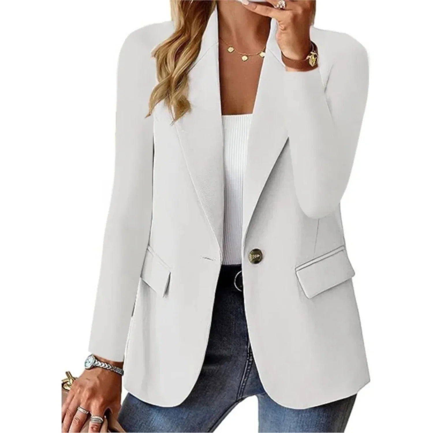 "Stijlvolle damesblazer met lange mouwen, tijdloos ontwerp, verkrijgbaar in diverse kleuren, geschikt voor elke gelegenheid."