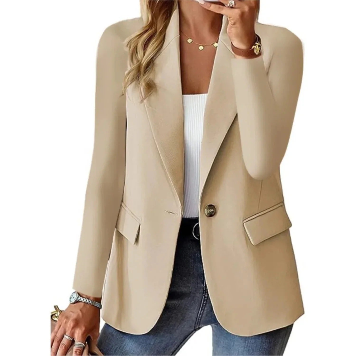"Stijlvolle damesblazer met lange mouwen, tijdloos ontwerp, verkrijgbaar in diverse kleuren, geschikt voor elke gelegenheid."