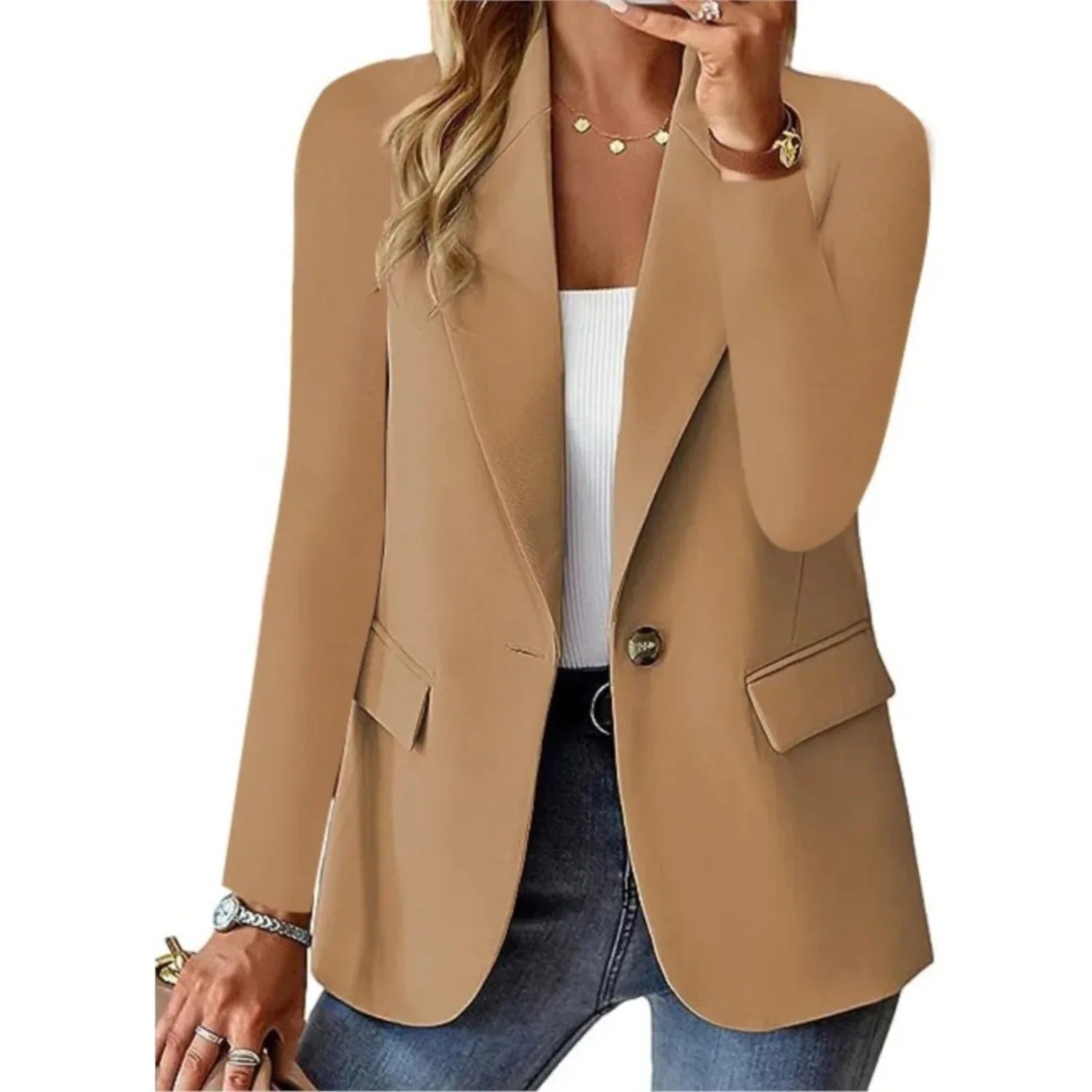 "Stijlvolle damesblazer met lange mouwen, tijdloos ontwerp, verkrijgbaar in diverse kleuren, geschikt voor elke gelegenheid."