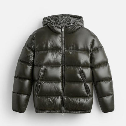 "Stijlvolle effen pufferjas voor mannen, strak minimalistisch design, comfortabele pasvorm en zijzakken, ideaal voor winterda