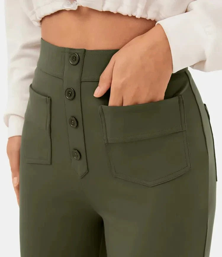 "Stijlvolle elastische hoge taille broek voor dames met rechte pijpen, decoratieve knopen en ruime zakken, ideaal voor elke g