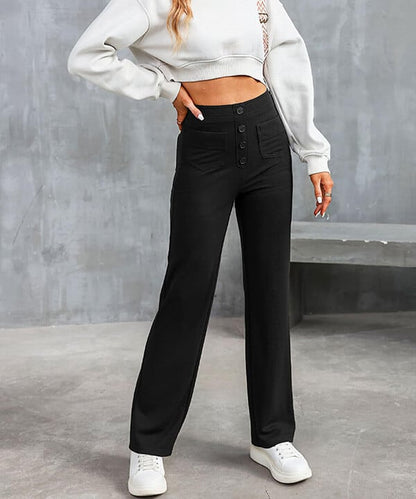 "Stijlvolle elastische hoge taille broek voor dames met rechte pijpen, decoratieve knopen en ruime zakken, ideaal voor elke g