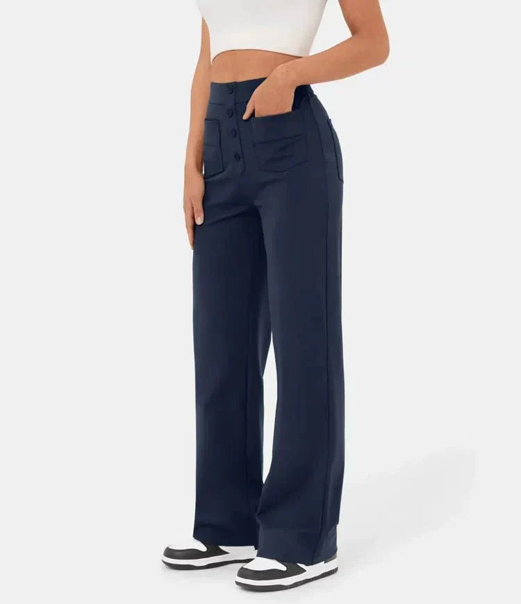 "Stijlvolle elastische hoge taille broek voor dames met rechte pijpen, decoratieve knopen en ruime zakken, ideaal voor elke g