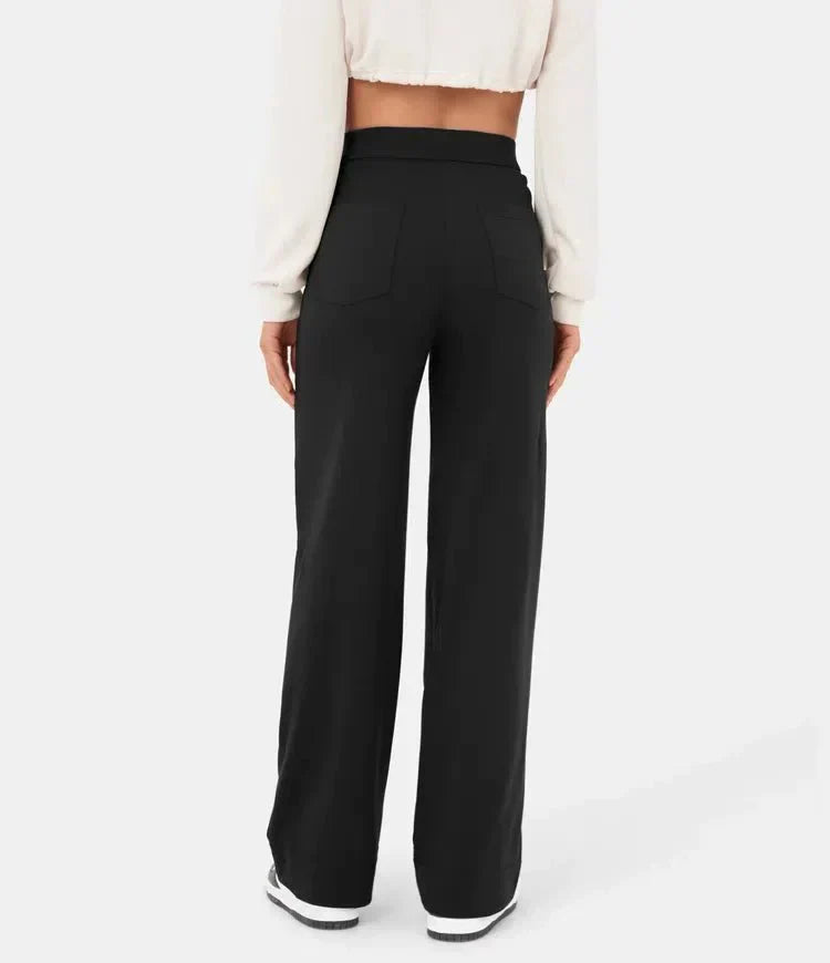 "Stijlvolle elastische hoge taille broek voor dames met rechte pijpen, decoratieve knopen en ruime zakken, ideaal voor elke g