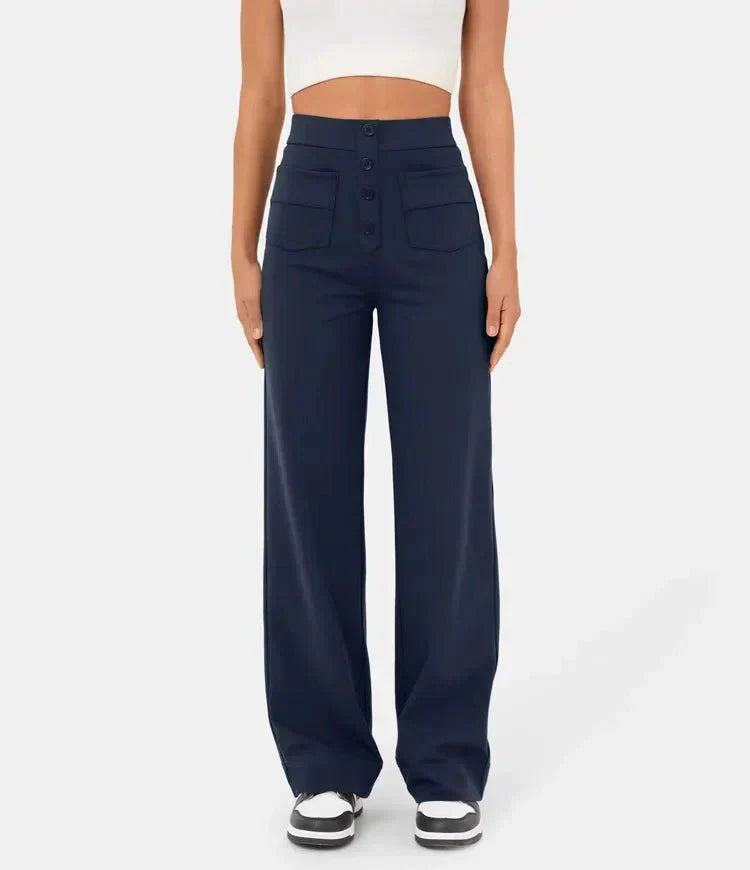 "Stijlvolle elastische hoge taille broek voor dames met rechte pijpen, decoratieve knopen en ruime zakken, ideaal voor elke g