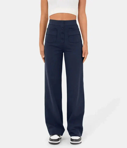 "Stijlvolle elastische hoge taille broek voor dames met rechte pijpen, decoratieve knopen en ruime zakken, ideaal voor elke g