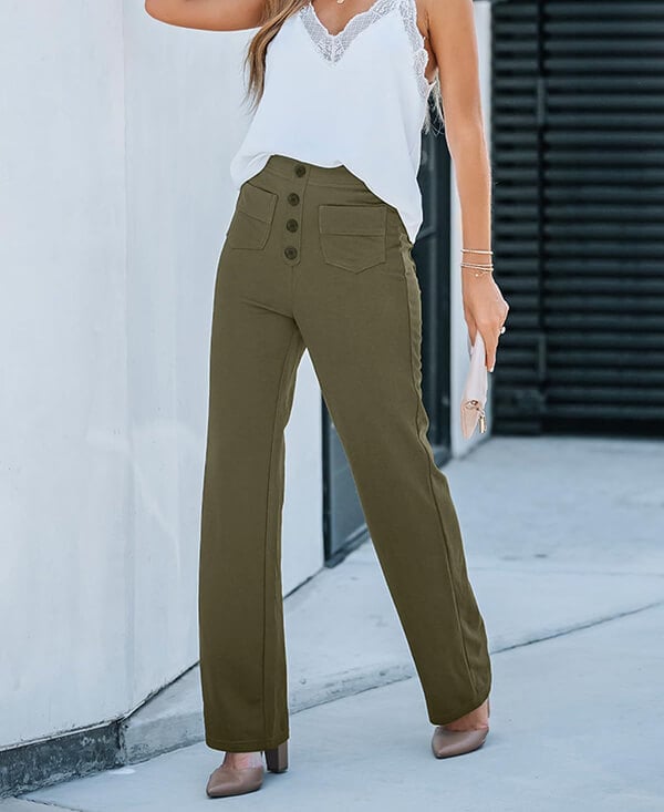 "Stijlvolle elastische hoge taille broek voor dames met rechte pijpen, decoratieve knopen en ruime zakken, ideaal voor elke g