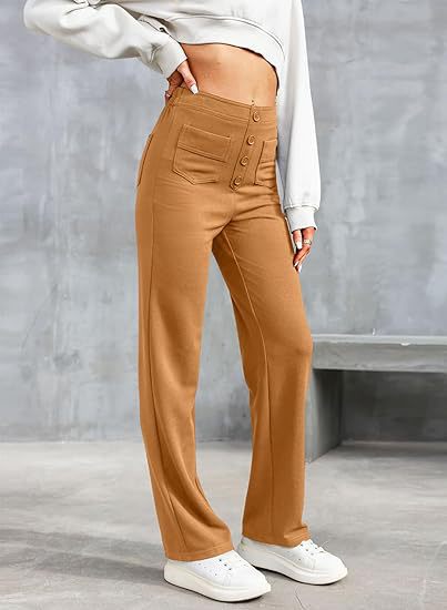 "Stijlvolle elastische hoge taille broek voor dames met rechte pijpen, decoratieve knopen en ruime zakken, ideaal voor elke g