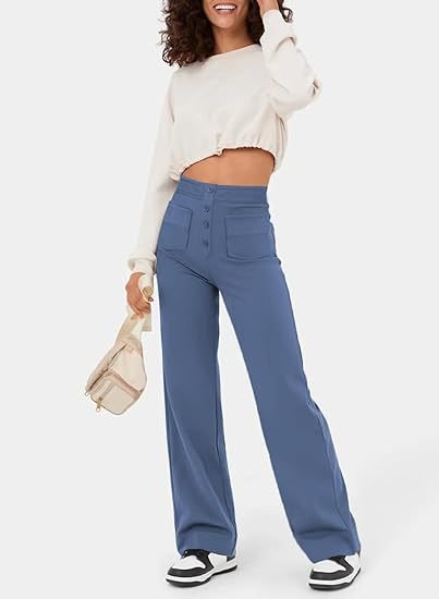 "Stijlvolle elastische hoge taille broek voor dames met rechte pijpen, decoratieve knopen en ruime zakken, ideaal voor elke g