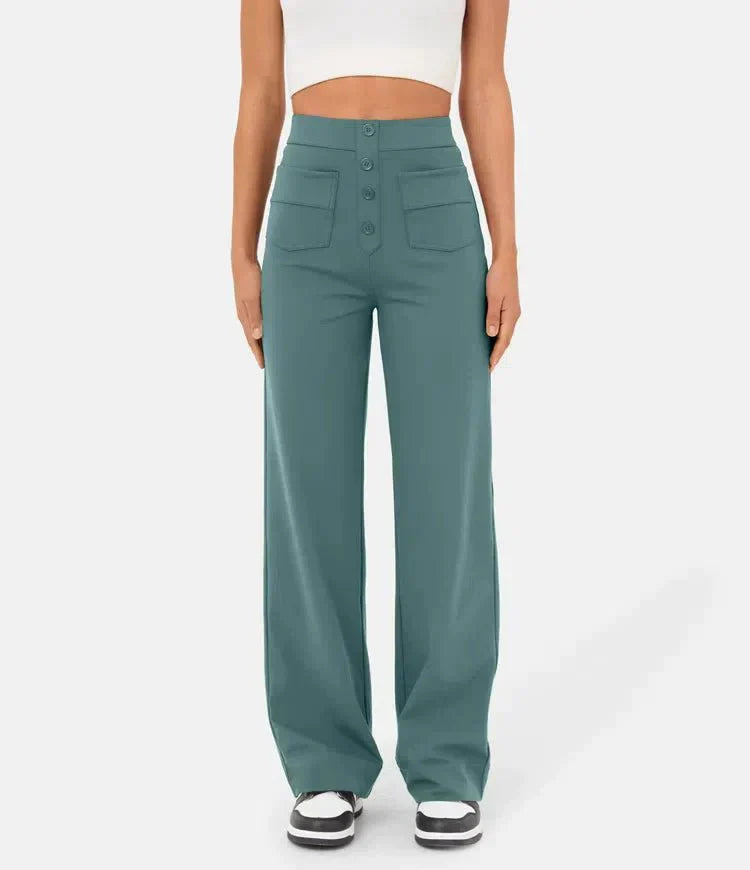 "Stijlvolle elastische hoge taille broek voor dames met rechte pijpen, decoratieve knopen en ruime zakken, ideaal voor elke g