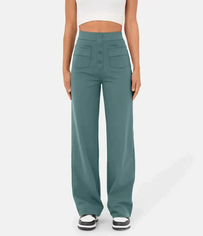 "Stijlvolle elastische hoge taille broek voor dames met rechte pijpen, decoratieve knopen en ruime zakken, ideaal voor elke g