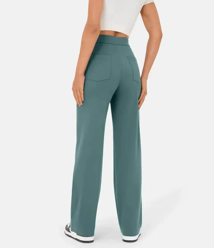 "Stijlvolle elastische hoge taille broek voor dames met rechte pijpen, decoratieve knopen en ruime zakken, ideaal voor elke g