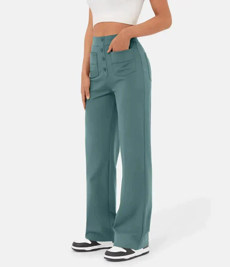 "Stijlvolle elastische hoge taille broek voor dames met rechte pijpen, decoratieve knopen en ruime zakken, ideaal voor elke g