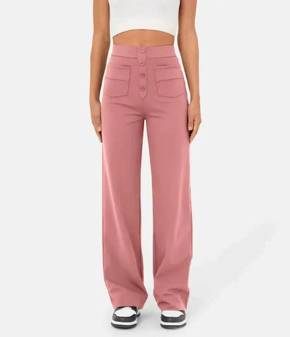 "Stijlvolle elastische hoge taille broek voor dames met rechte pijpen, decoratieve knopen en ruime zakken, ideaal voor elke g