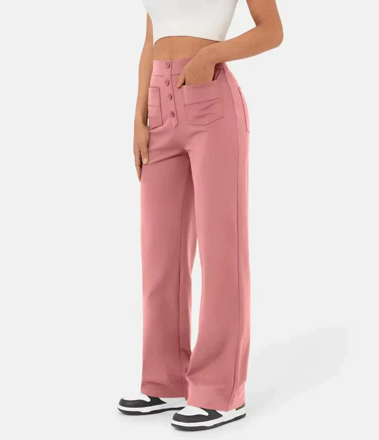 "Stijlvolle elastische hoge taille broek voor dames met rechte pijpen, decoratieve knopen en ruime zakken, ideaal voor elke g
