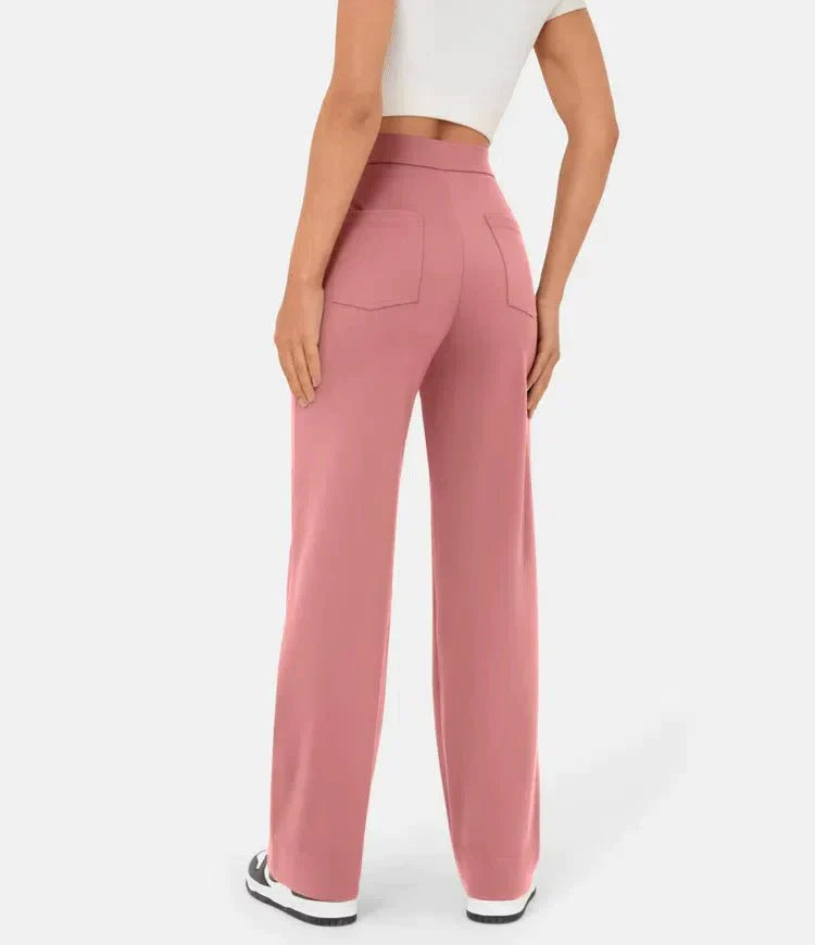 "Stijlvolle elastische hoge taille broek voor dames met rechte pijpen, decoratieve knopen en ruime zakken, ideaal voor elke g