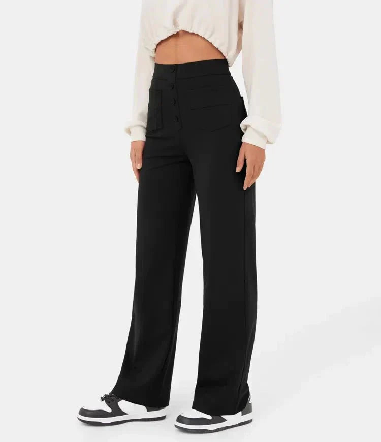 "Stijlvolle elastische hoge taille broek voor dames met rechte pijpen, decoratieve knopen en ruime zakken, ideaal voor elke g