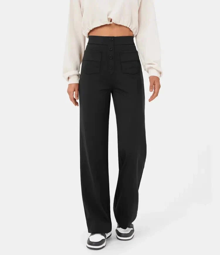 "Stijlvolle elastische hoge taille broek voor dames met rechte pijpen, decoratieve knopen en ruime zakken, ideaal voor elke g