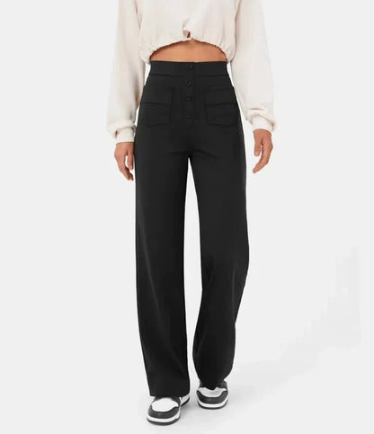 "Stijlvolle elastische hoge taille broek voor dames met rechte pijpen, decoratieve knopen en ruime zakken, ideaal voor elke g