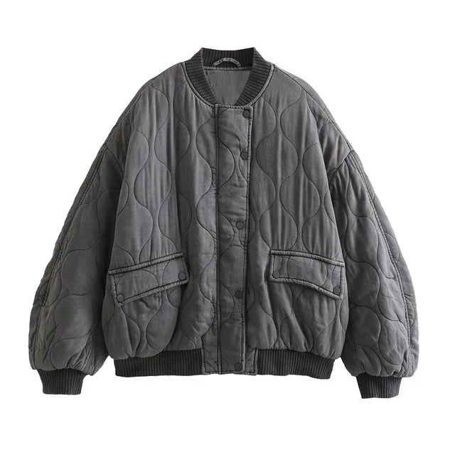 "Stijlvolle en loszittende grijze damesbomberjack voor een trendy, elegante look en comfortabele pasvorm, ideaal voor elke ge