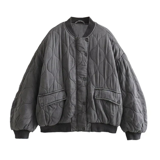 "Stijlvolle en loszittende grijze damesbomberjack voor een trendy, elegante look en comfortabele pasvorm, ideaal voor elke ge