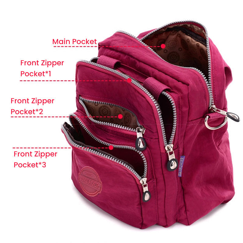 "Stijlvolle en praktische waterdichte nylon crossbody tas in zwart, met meerdere vakken en 3-weg gebruiksopties."