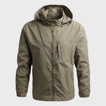 "Stijlvolle herenjas, waterdicht en warm, in zwart, khaki of blauw met capuchon, voor comfort en bescherming tegen regen."