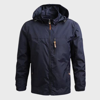 "Stijlvolle herenjas, waterdicht en warm, in zwart, khaki of blauw met capuchon, voor comfort en bescherming tegen regen."