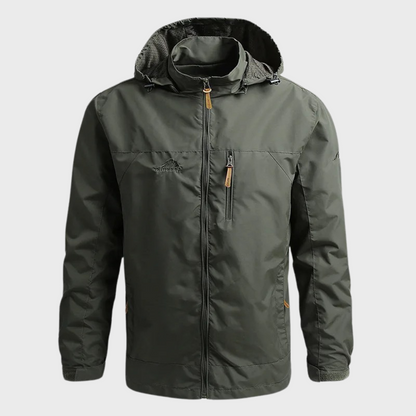 "Stijlvolle herenjas, waterdicht en warm, in zwart, khaki of blauw met capuchon, voor comfort en bescherming tegen regen."