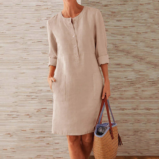 "Stijlvolle khaki zomerjurk voor dames, comfortabele shift-jurk, effen kleur, duurzaam polyester, casual of formeel gekleed."