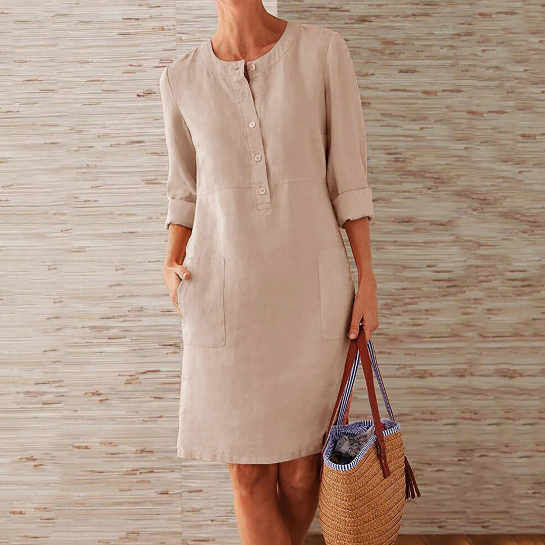 "Stijlvolle khaki zomerjurk voor dames, comfortabele shift-jurk, effen kleur, duurzaam polyester, casual of formeel gekleed."