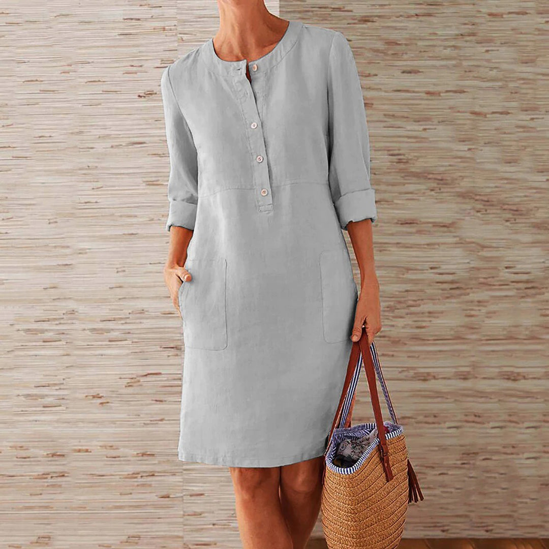 "Stijlvolle khaki zomerjurk voor dames, comfortabele shift-jurk, effen kleur, duurzaam polyester, casual of formeel gekleed."