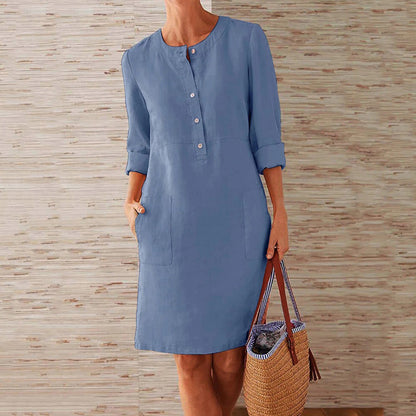 "Stijlvolle khaki zomerjurk voor dames, comfortabele shift-jurk, effen kleur, duurzaam polyester, casual of formeel gekleed."
