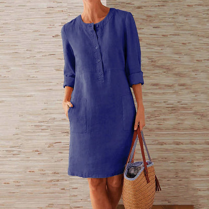 "Stijlvolle khaki zomerjurk voor dames, comfortabele shift-jurk, effen kleur, duurzaam polyester, casual of formeel gekleed."