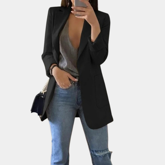 "Stijlvolle lange damesblazer in diverse kleuren, tijdloos design, geschikt voor zowel formele als casual gelegenheden."