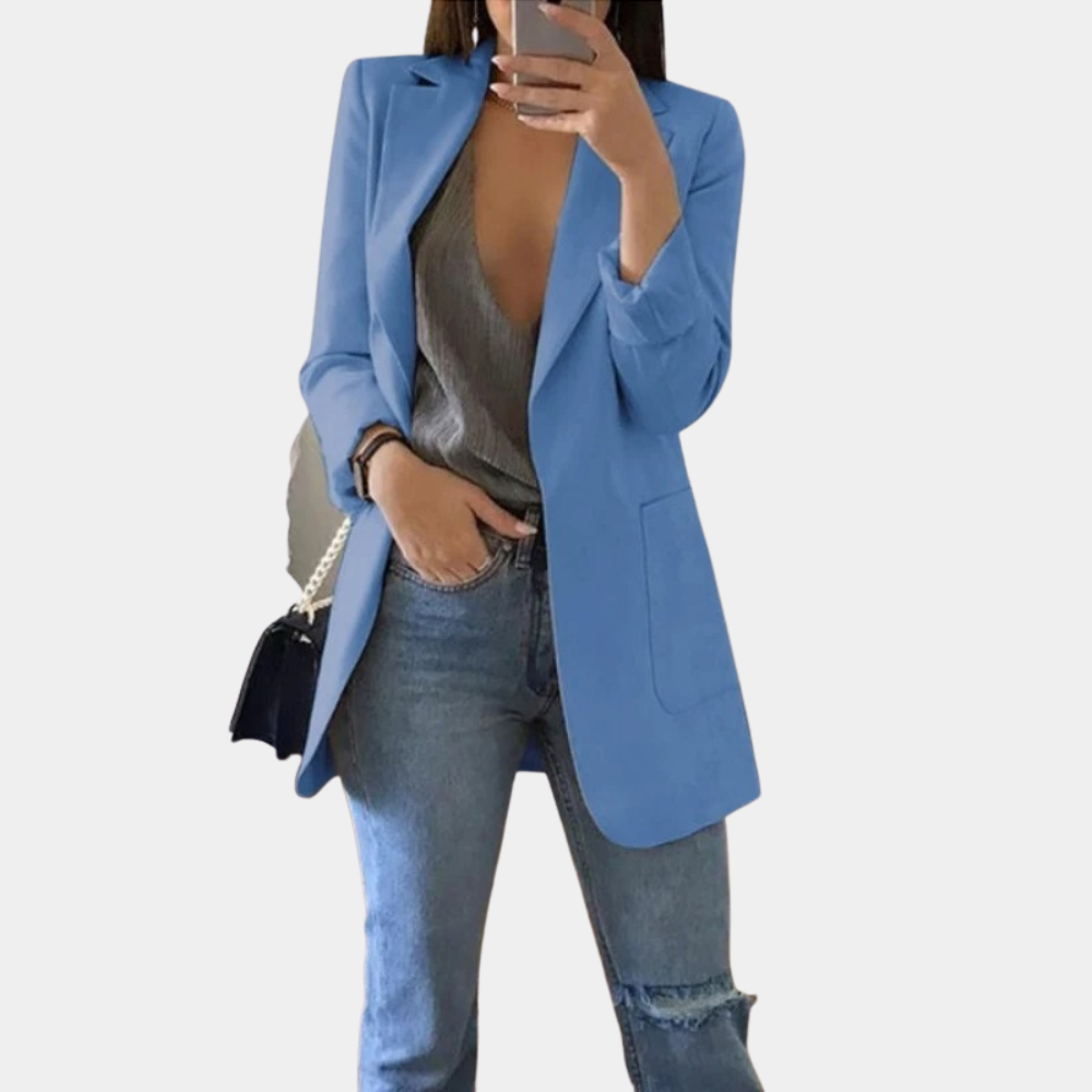 "Stijlvolle lange damesblazer in diverse kleuren, tijdloos design, geschikt voor zowel formele als casual gelegenheden."