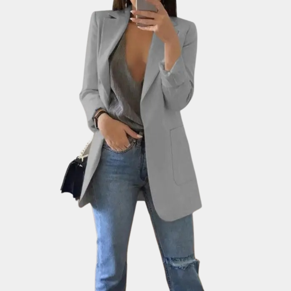 "Stijlvolle lange damesblazer in diverse kleuren, tijdloos design, geschikt voor zowel formele als casual gelegenheden."