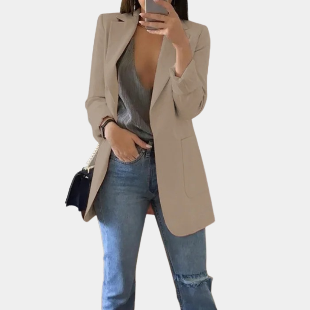 "Stijlvolle lange damesblazer in diverse kleuren, tijdloos design, geschikt voor zowel formele als casual gelegenheden."