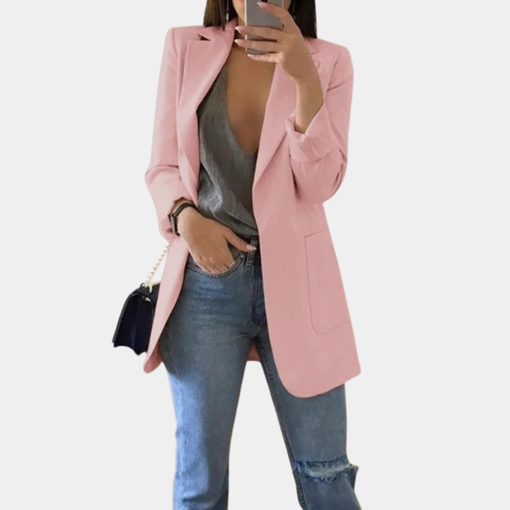 "Stijlvolle lange damesblazer in diverse kleuren, tijdloos design, geschikt voor zowel formele als casual gelegenheden."