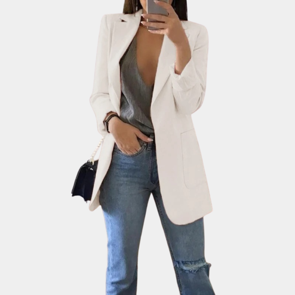 "Stijlvolle lange damesblazer in diverse kleuren, tijdloos design, geschikt voor zowel formele als casual gelegenheden."