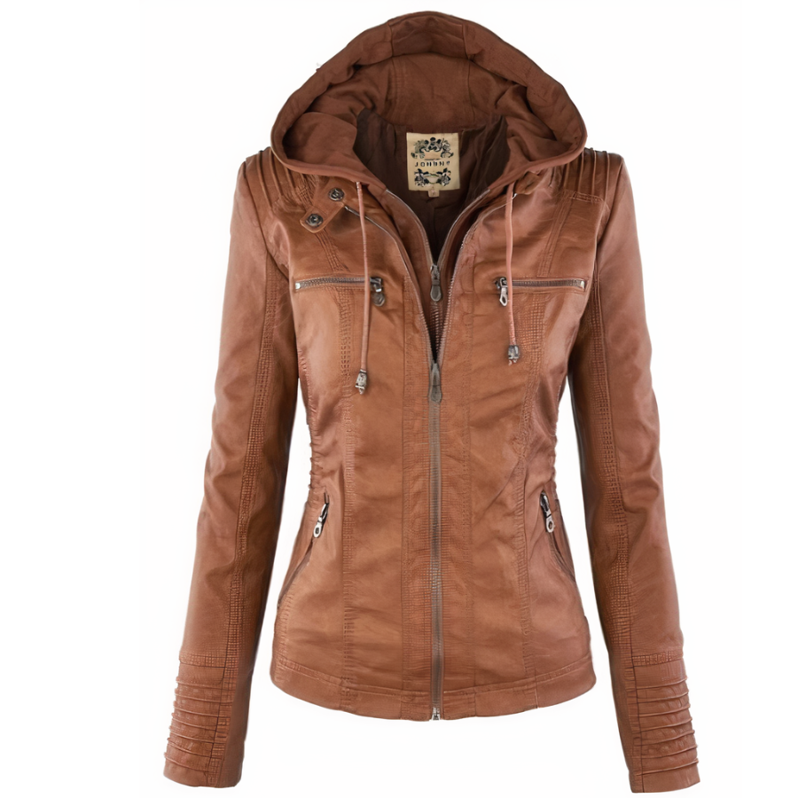 "Stijlvolle leren damesjas met capuchon, getailleerde pasvorm, trendy ritsdetails en veelzijdigheid."