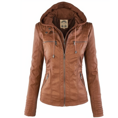 "Stijlvolle leren damesjas met capuchon, getailleerde pasvorm, trendy ritsdetails en veelzijdigheid."