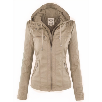 "Stijlvolle leren damesjas met capuchon, getailleerde pasvorm, trendy ritsdetails en veelzijdigheid."