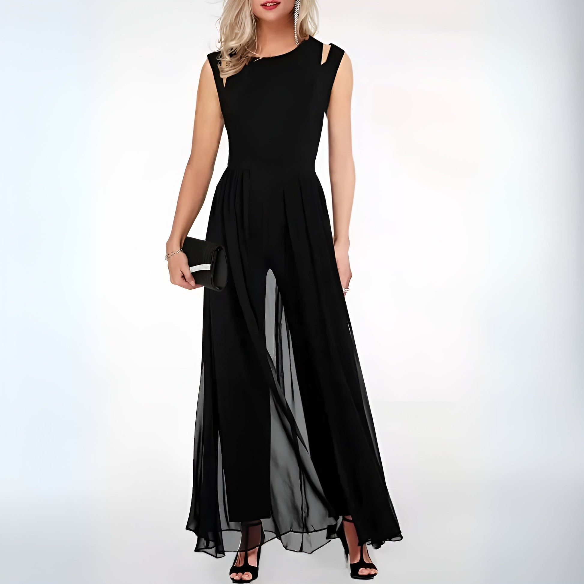 Stijlvolle mouwloze jumpsuit met wijd uitlopende benen, elegante schouderdetails, perfect voor elke gelegenheid.