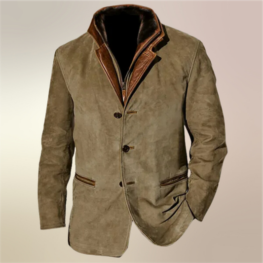 "Stijlvolle vintage suède herenjas, slim fit, met luxe lederen afwerkingen en klassieke knoopsluiting voor een chique look."