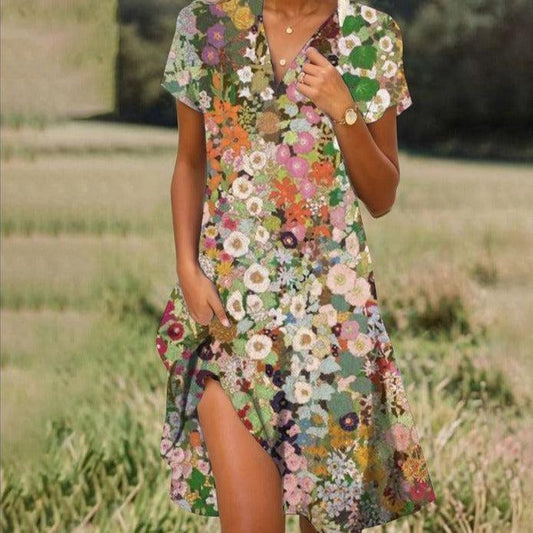"Stijlvolle zomerjurk met V-hals in Turkoois. Elegante midi-stijl, perfect voor zowel stranddagen als avondjes uit."