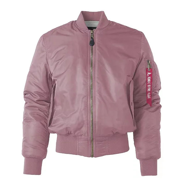 "Stoer zwart nylon bomberjack voor dames, winddicht en waterafstotend met klassieke MA-1 pilotenstijl en geribbelde details."