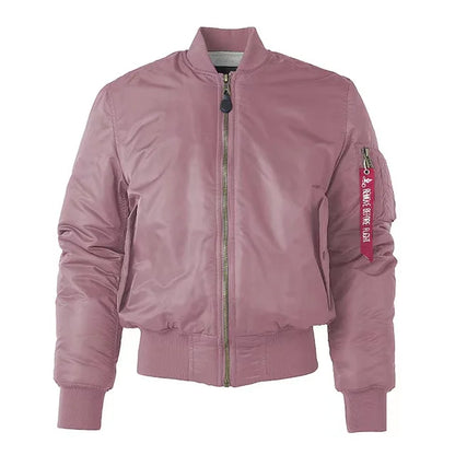 "Stoer zwart nylon bomberjack voor dames, winddicht en waterafstotend met klassieke MA-1 pilotenstijl en geribbelde details."
