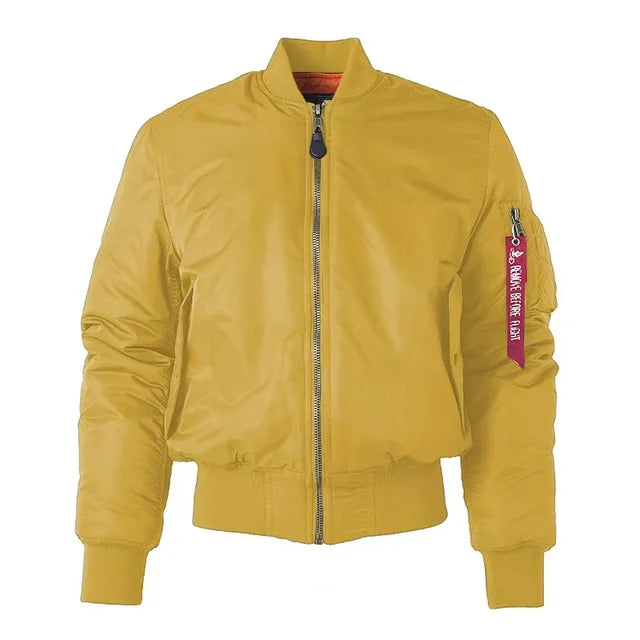 "Stoer zwart nylon bomberjack voor dames, winddicht en waterafstotend met klassieke MA-1 pilotenstijl en geribbelde details."