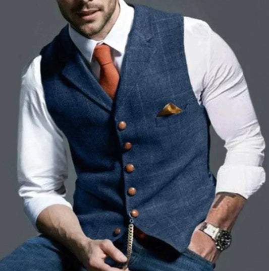 "Stylisch herenvest, klassiek patroon, duurzame tweed stof, geschikt voor formele en casual gelegenheden."